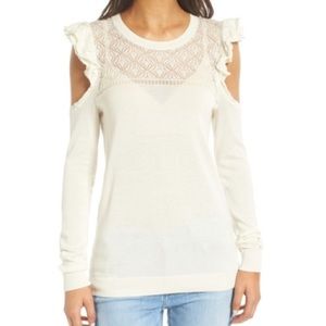 Hinge Ruffle Cold Shoulder Sweater